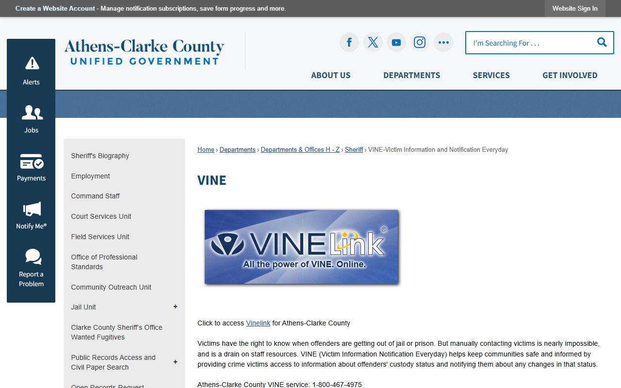 Athens-Clarke County VINE victim notification page for inmate population lookups