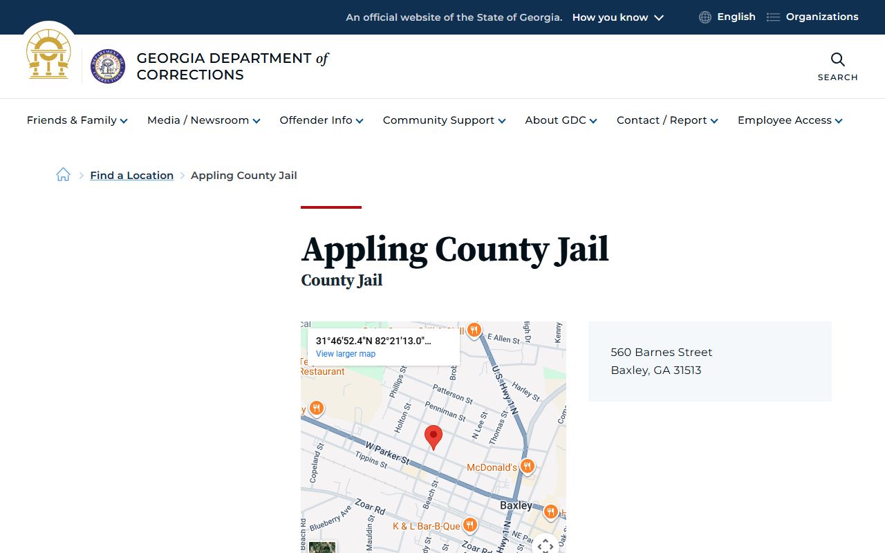 Appling County Jail inmate population page on GDC website
