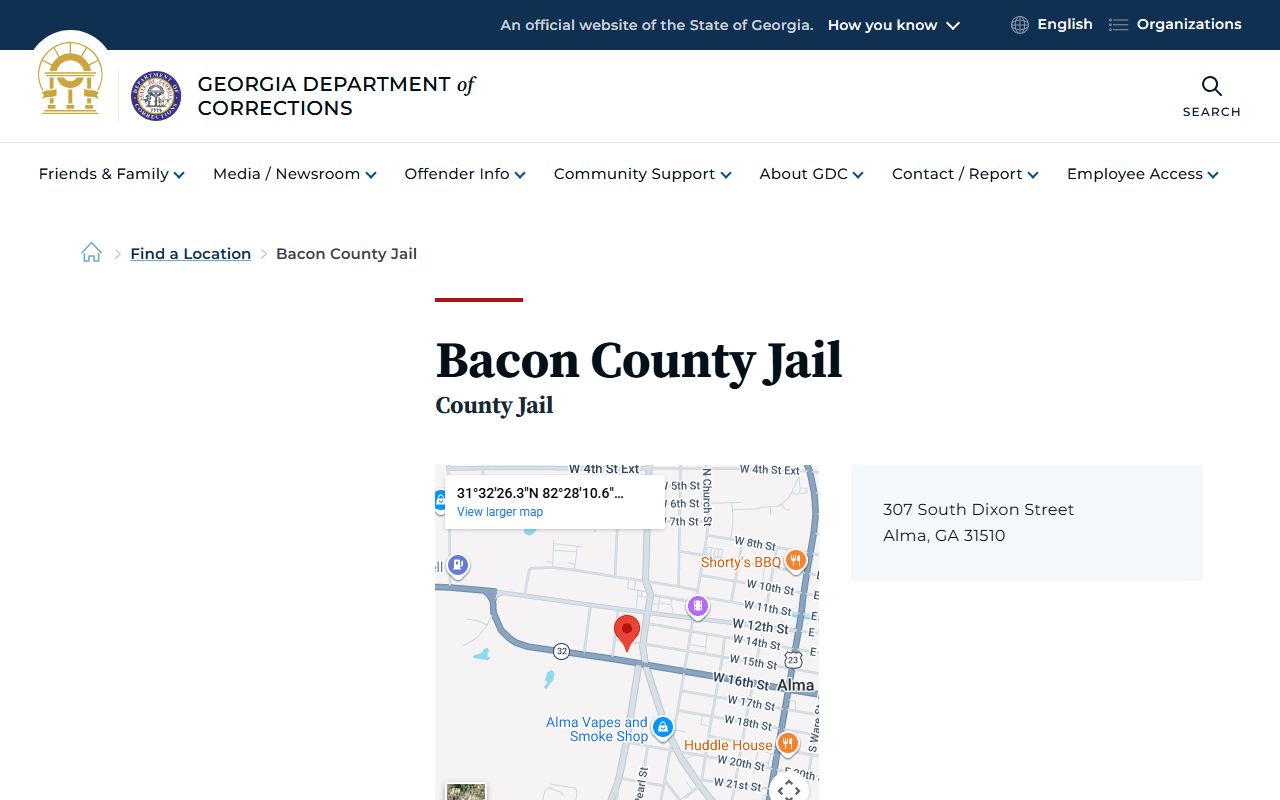 Bacon County Jail inmate population listing on GDC website