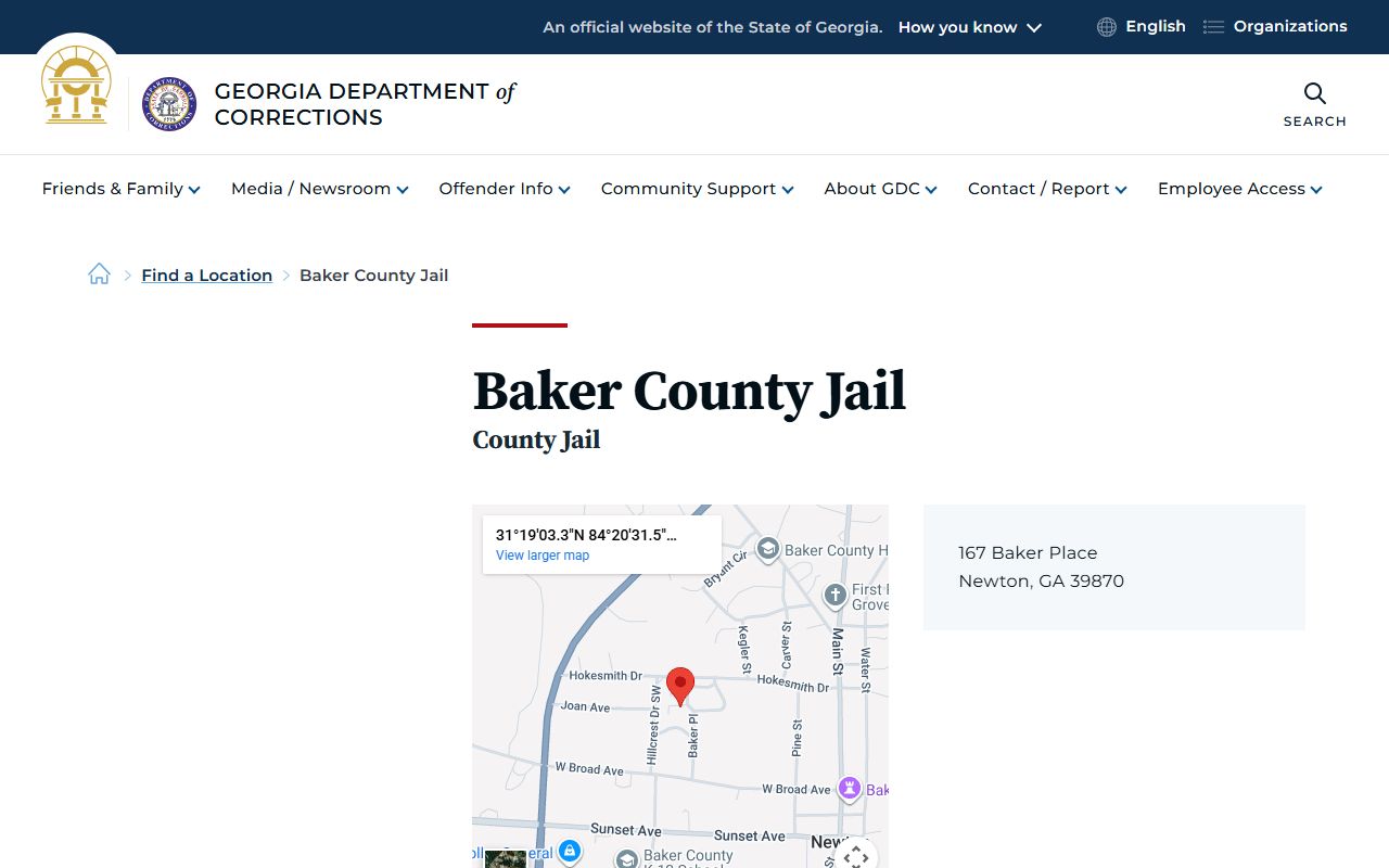 Baker County Jail inmate population listing on GDC facility page