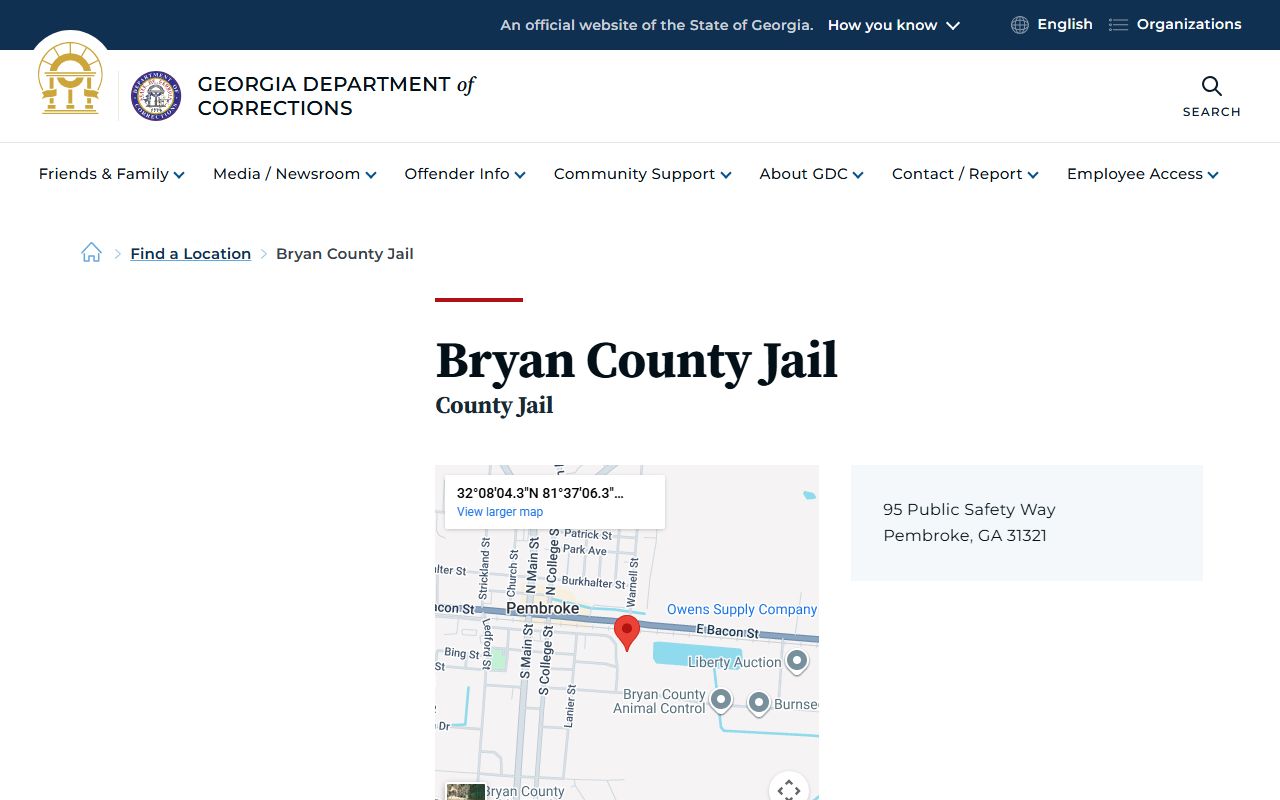 Bryan County Jail inmate population listed on the GDC facility page