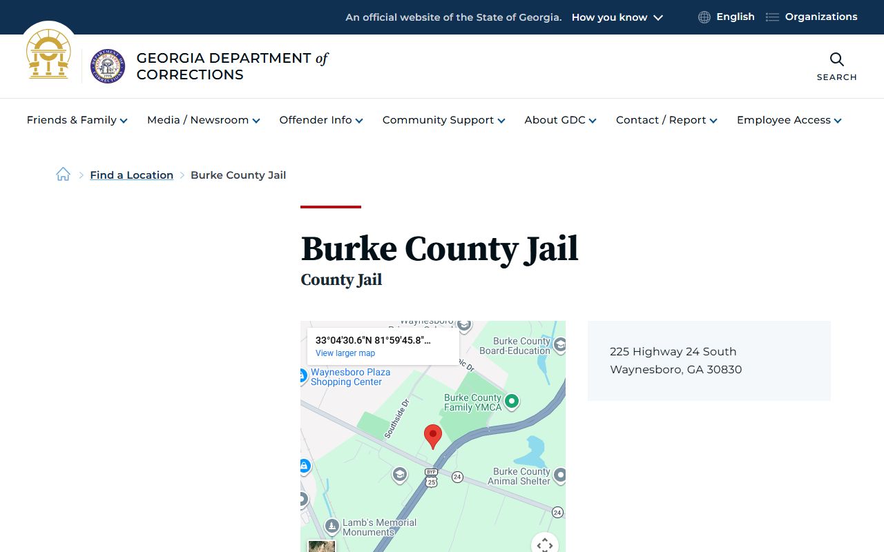 Burke County Jail inmate population on GDC facility listing page