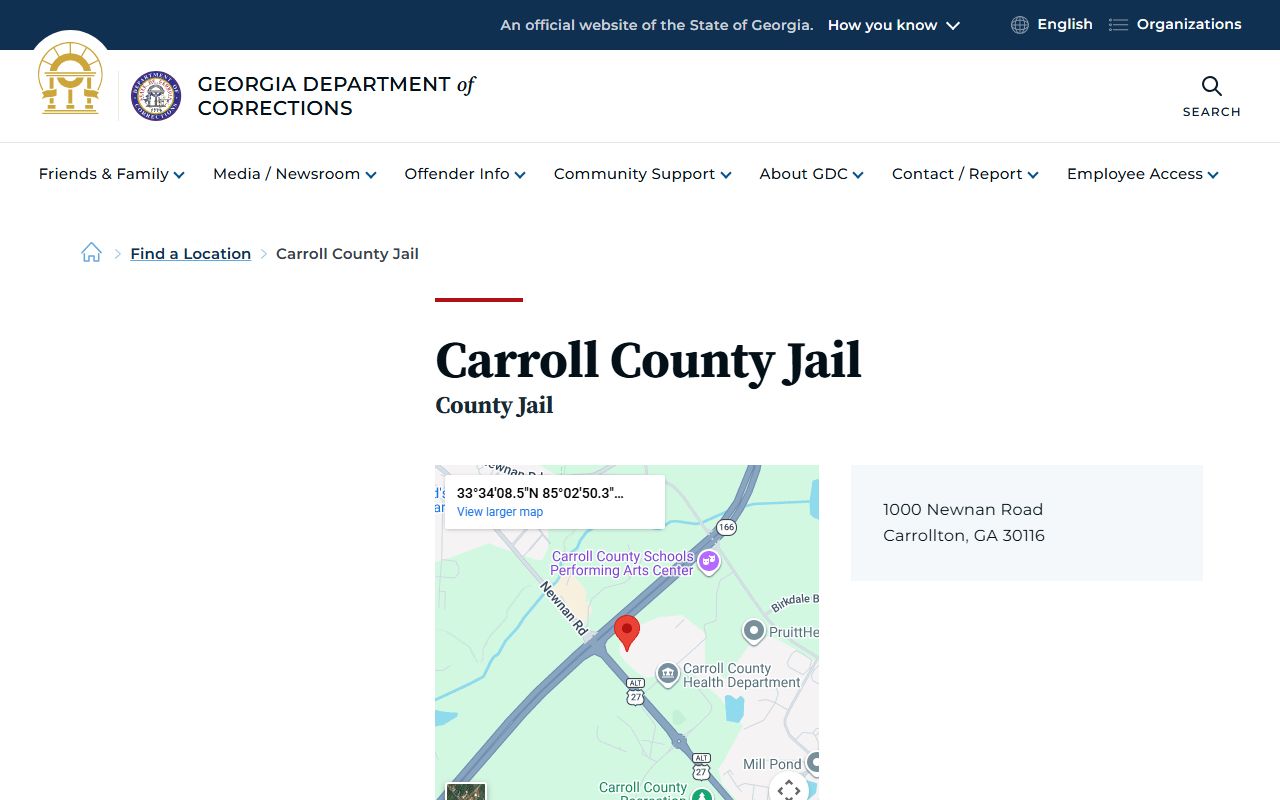 Carroll County Jail inmate population page on GDC website