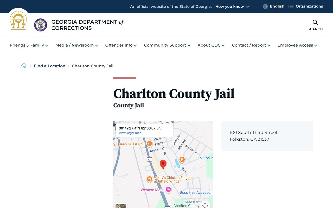 Charlton County Jail inmate population listing on GDC website