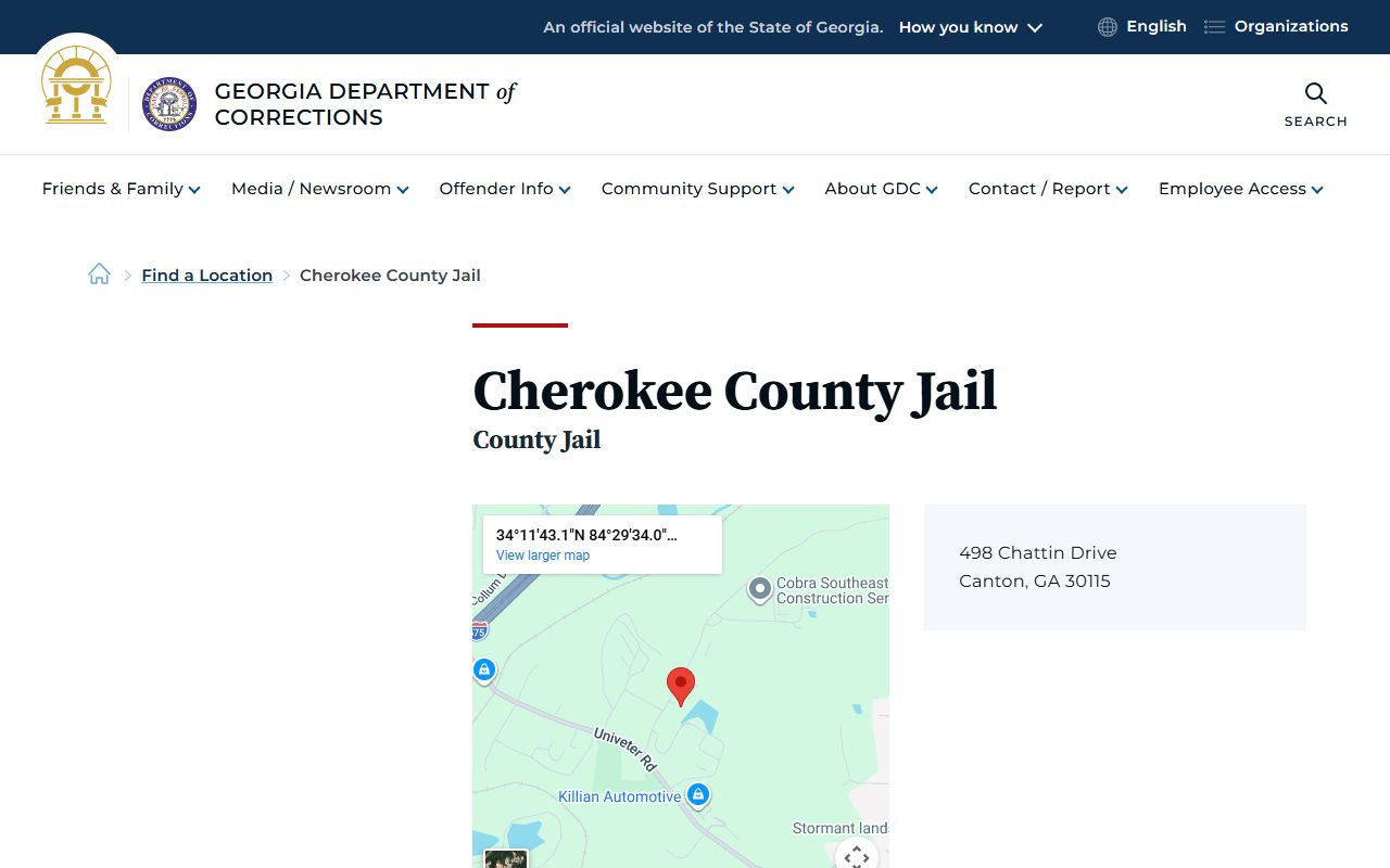 Cherokee County Jail inmate population listing on GDC website