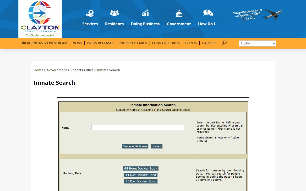 Clayton County inmate search page for inmate population lookup