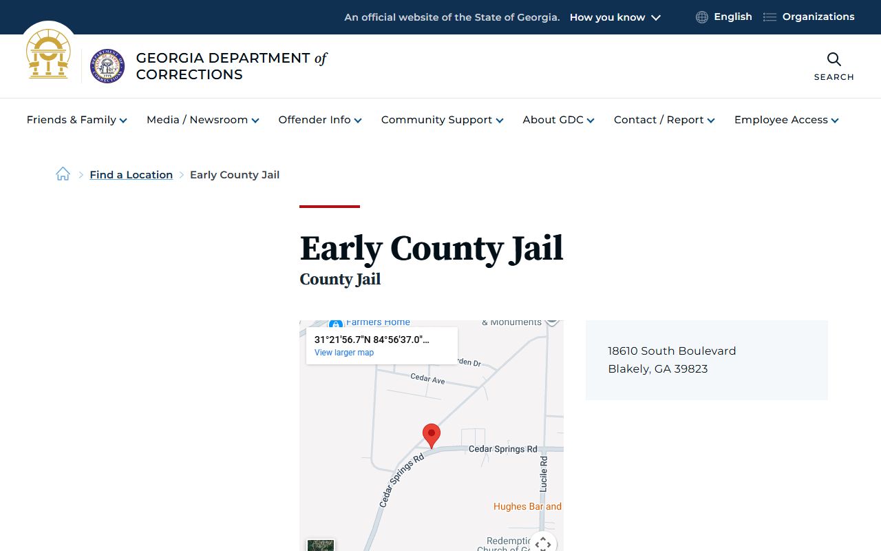Early County Jail inmate population page on GDC website