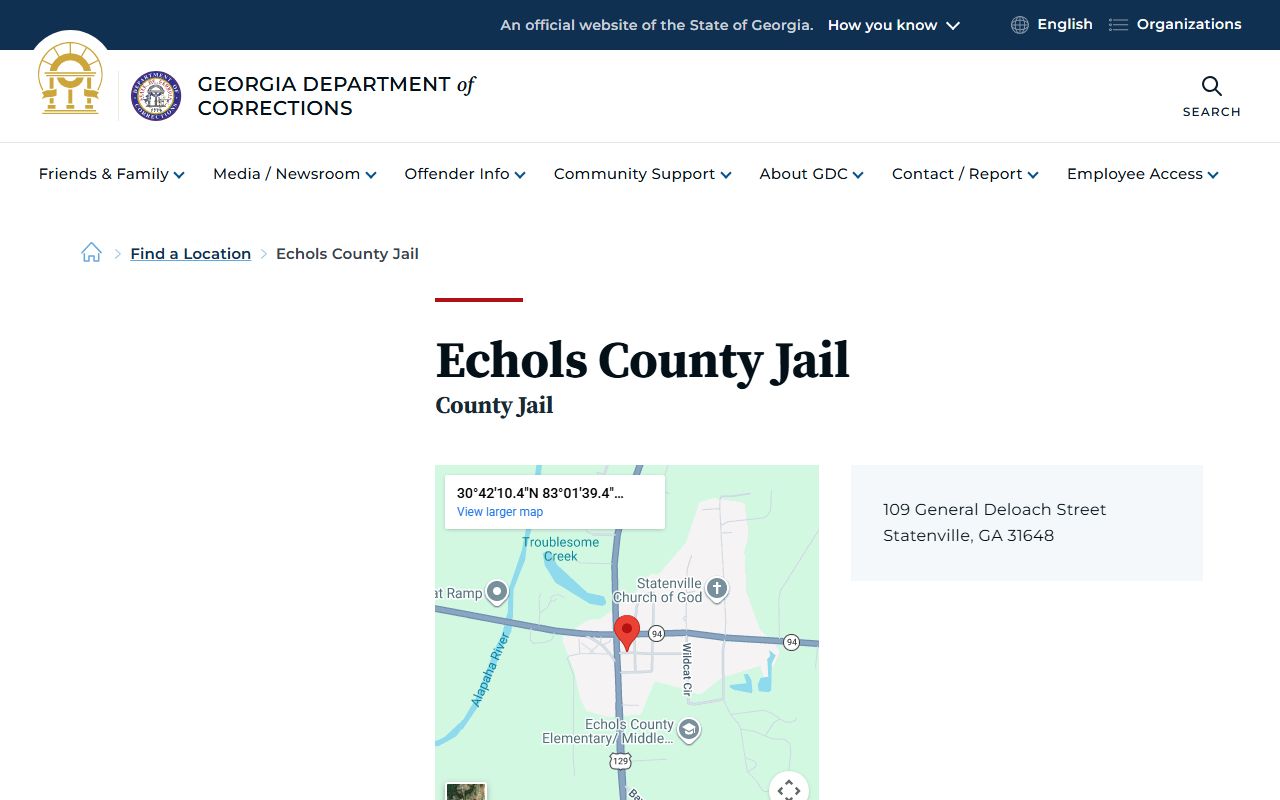 Echols County Jail inmate population page on GDC website