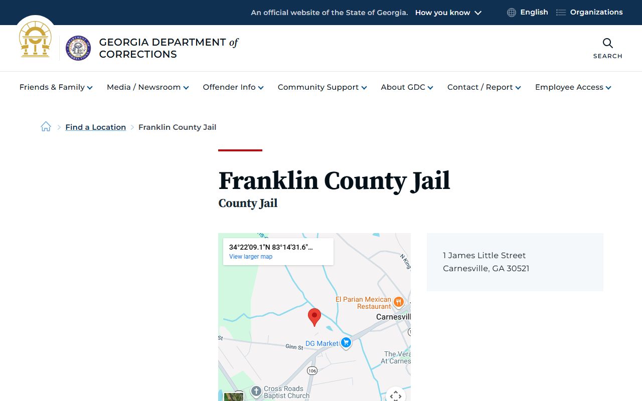 Franklin County Jail inmate population page on GDC website