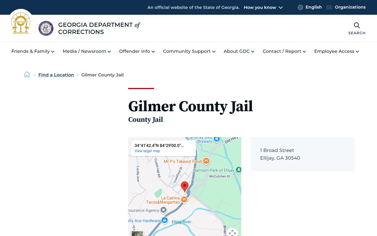 Gilmer County Jail inmate population page on GDC website