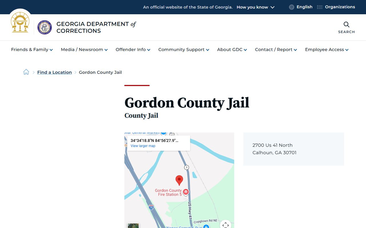 Gordon County Jail inmate population page on GDC website