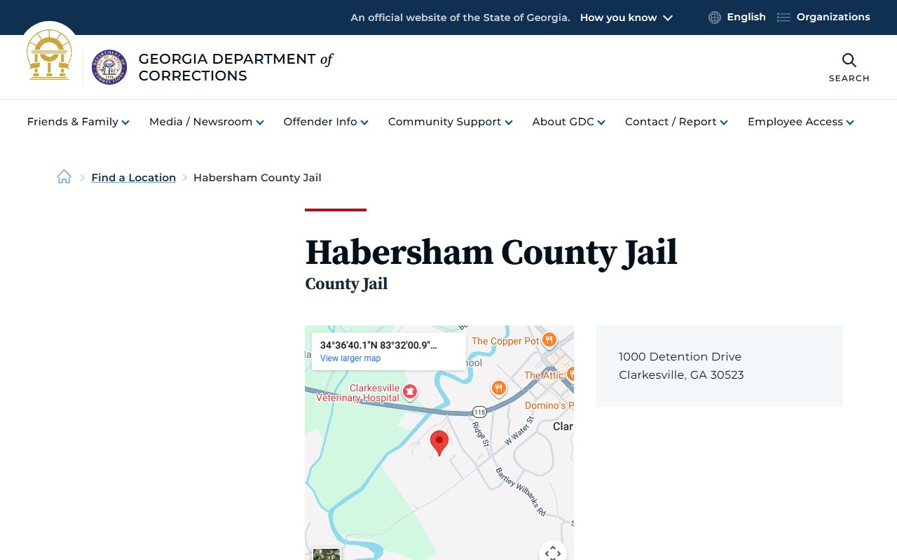 Habersham County Jail listing on GDC website for inmate population