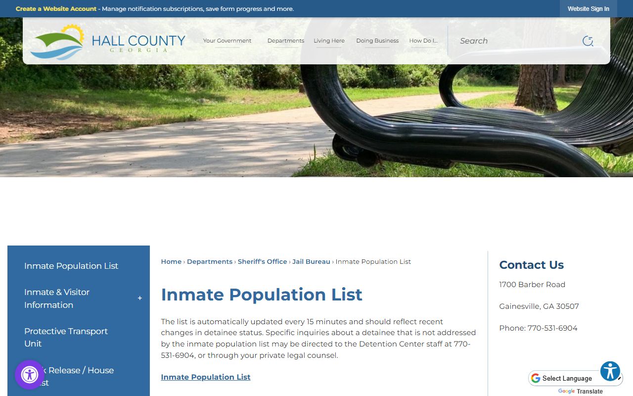 Hall County Inmate Population List page showing current jail roster