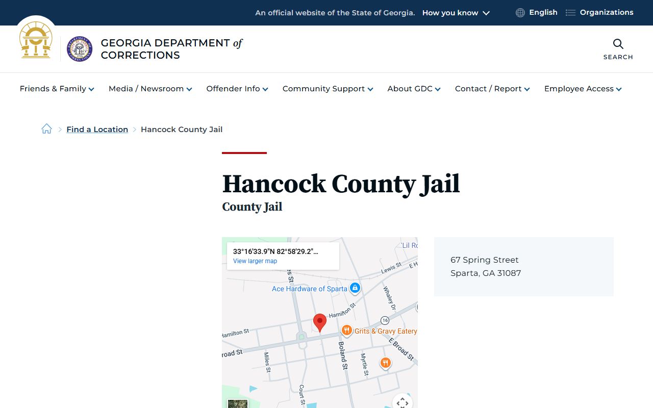 Hancock County Jail listing on GDC website for inmate population data