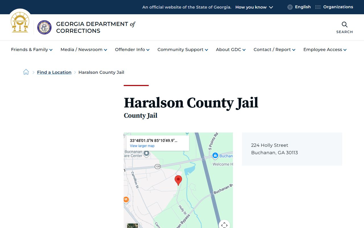 Haralson County Jail listing on GDC website for inmate population data