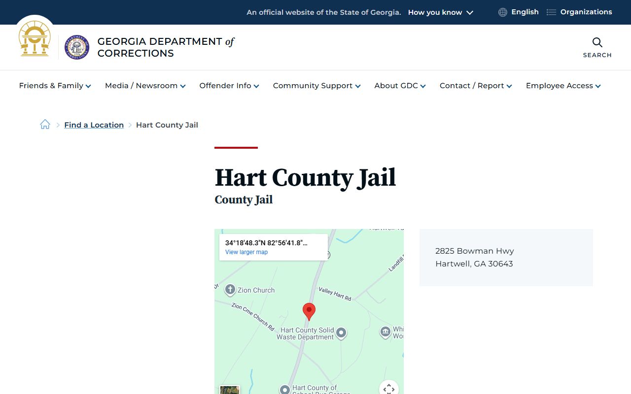 Hart County Jail inmate population page on GDC website