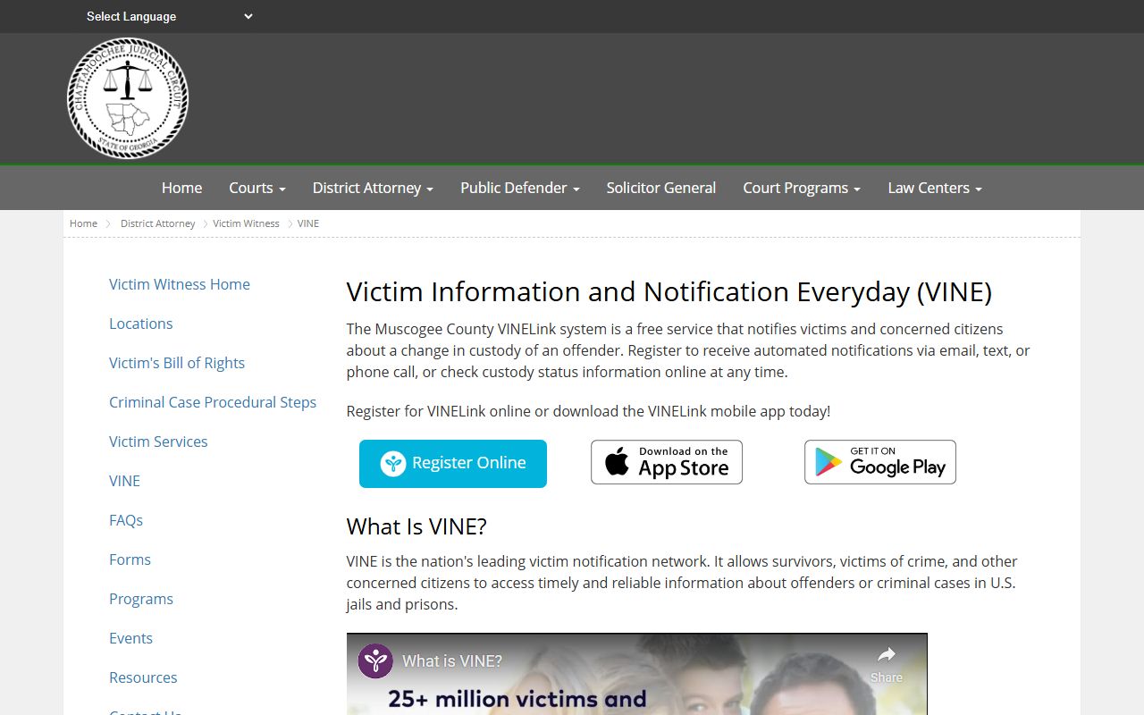 Muscogee County VINE victim notification information page for Columbus inmate population