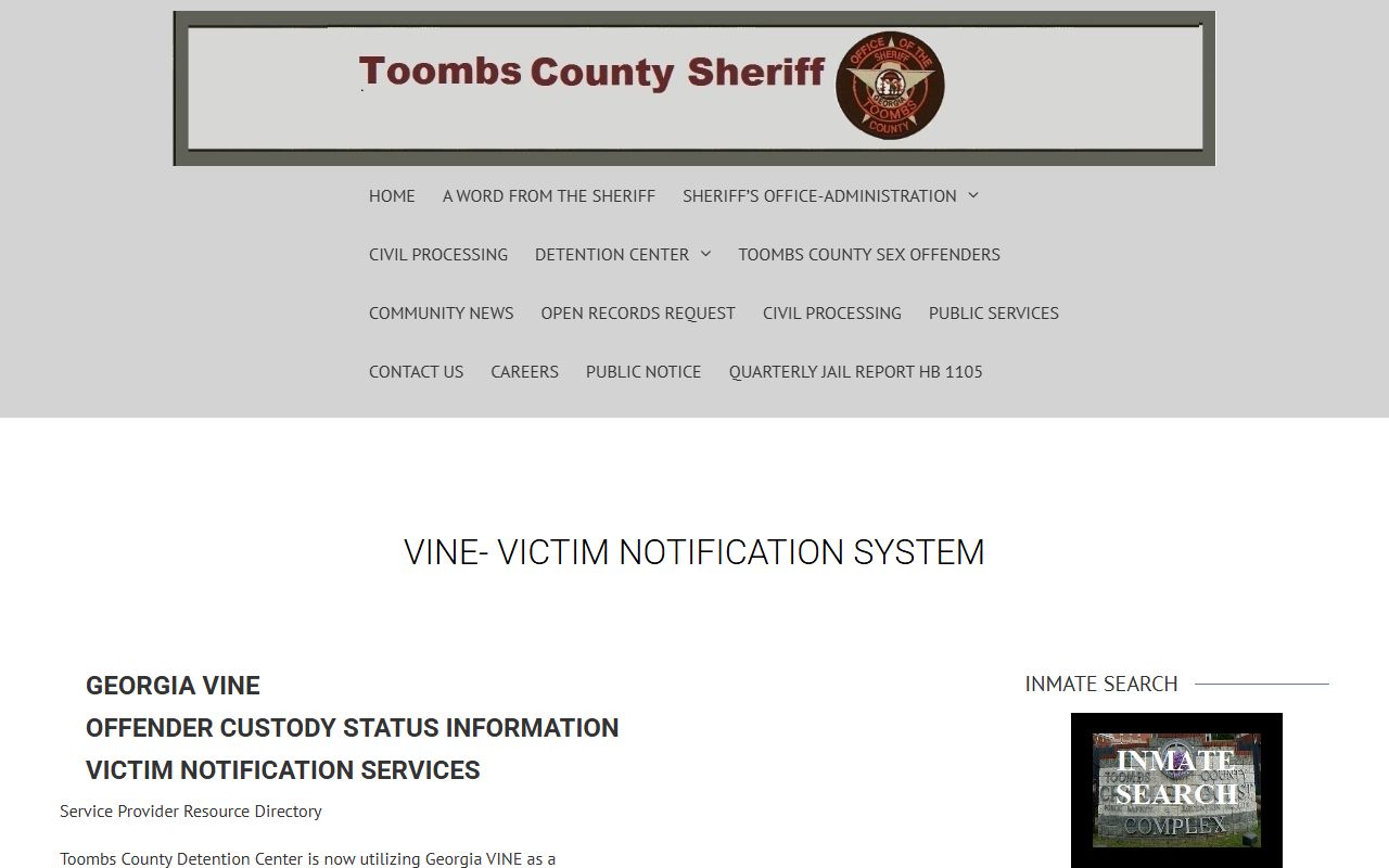 Toombs County Sheriff VINE victim notification page for inmate tracking