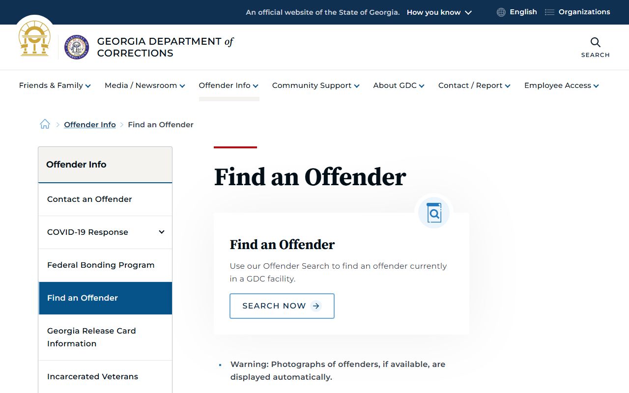 GDC offender search page for Georgia inmate population lookup