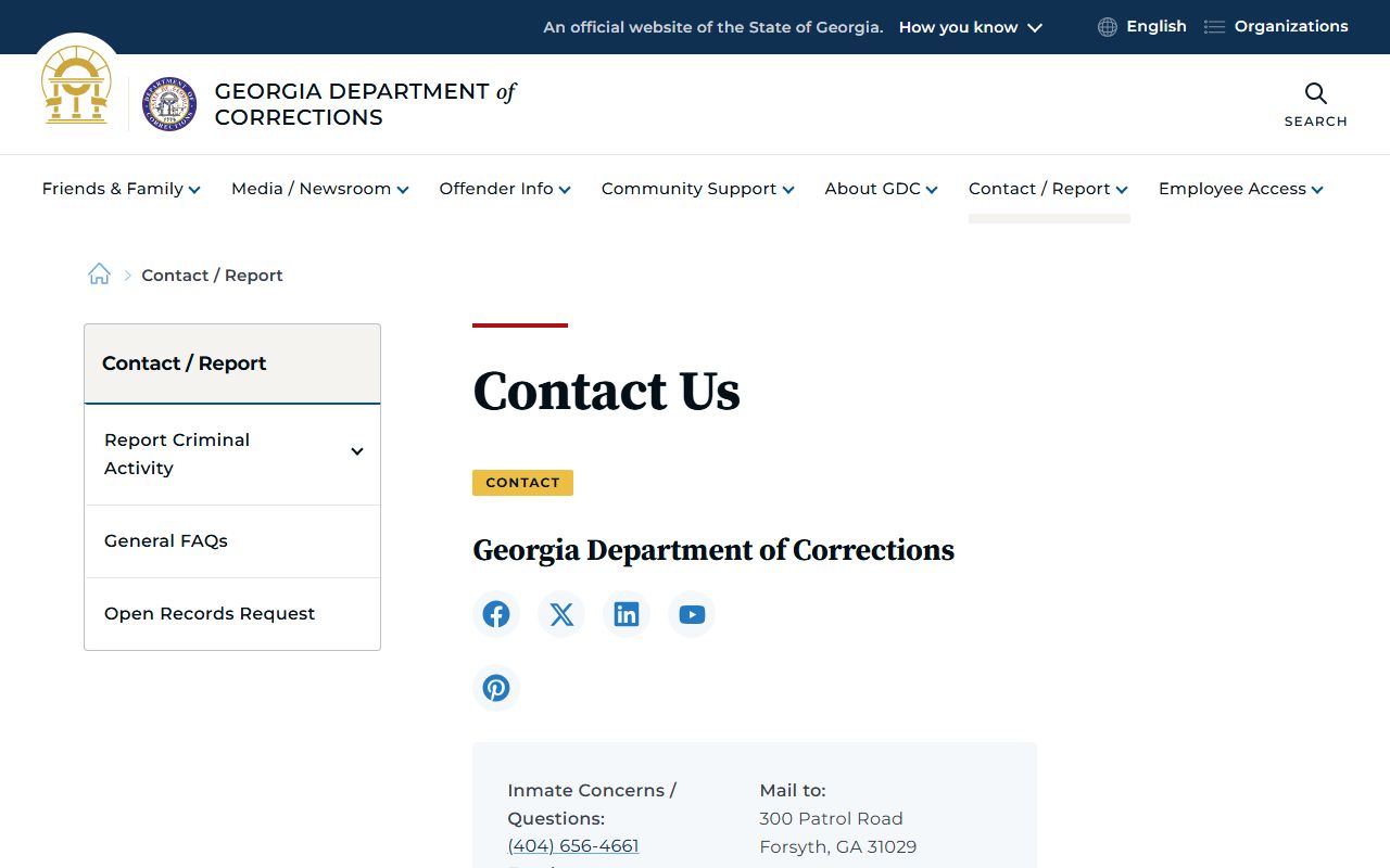 GDC contact page for Georgia inmate population inquiries