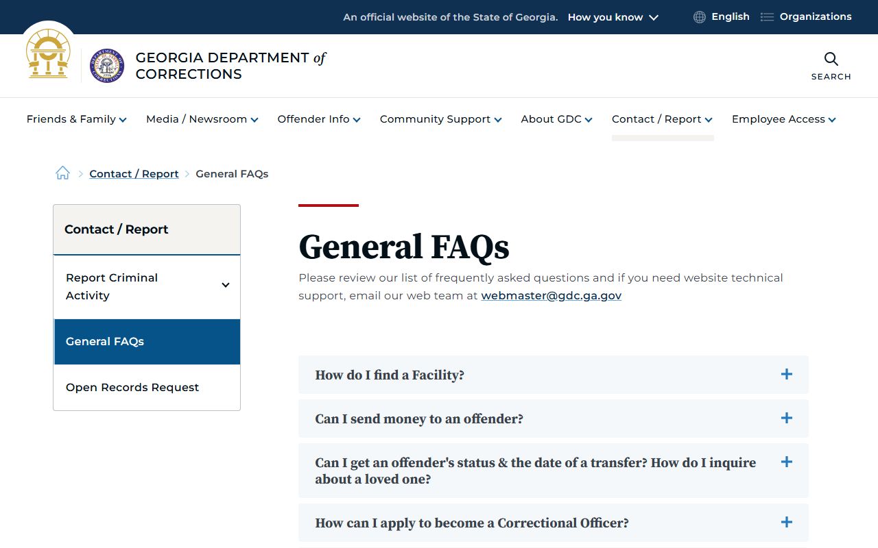 GDC FAQ page answering Georgia inmate population questions