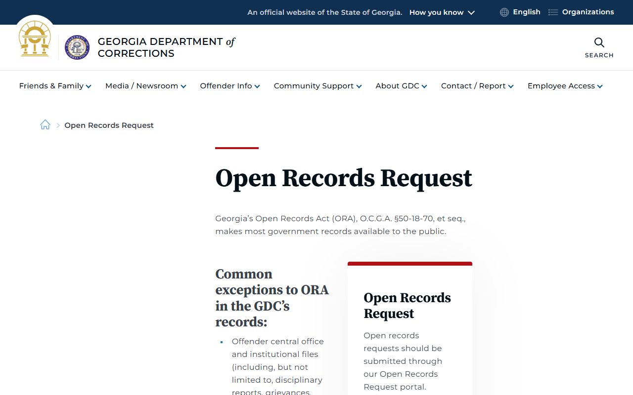 GDC open records request page for Georgia inmate population data