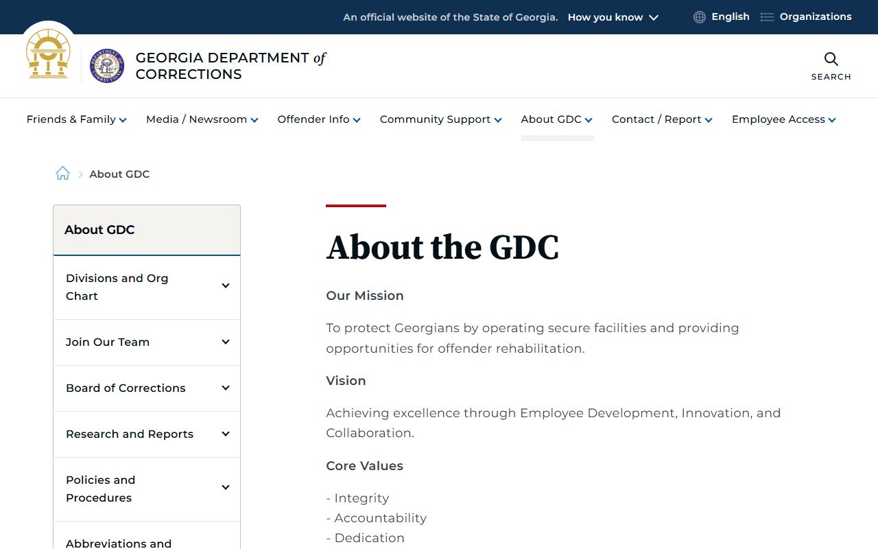 GDC about page showing mission for Georgia inmate population management