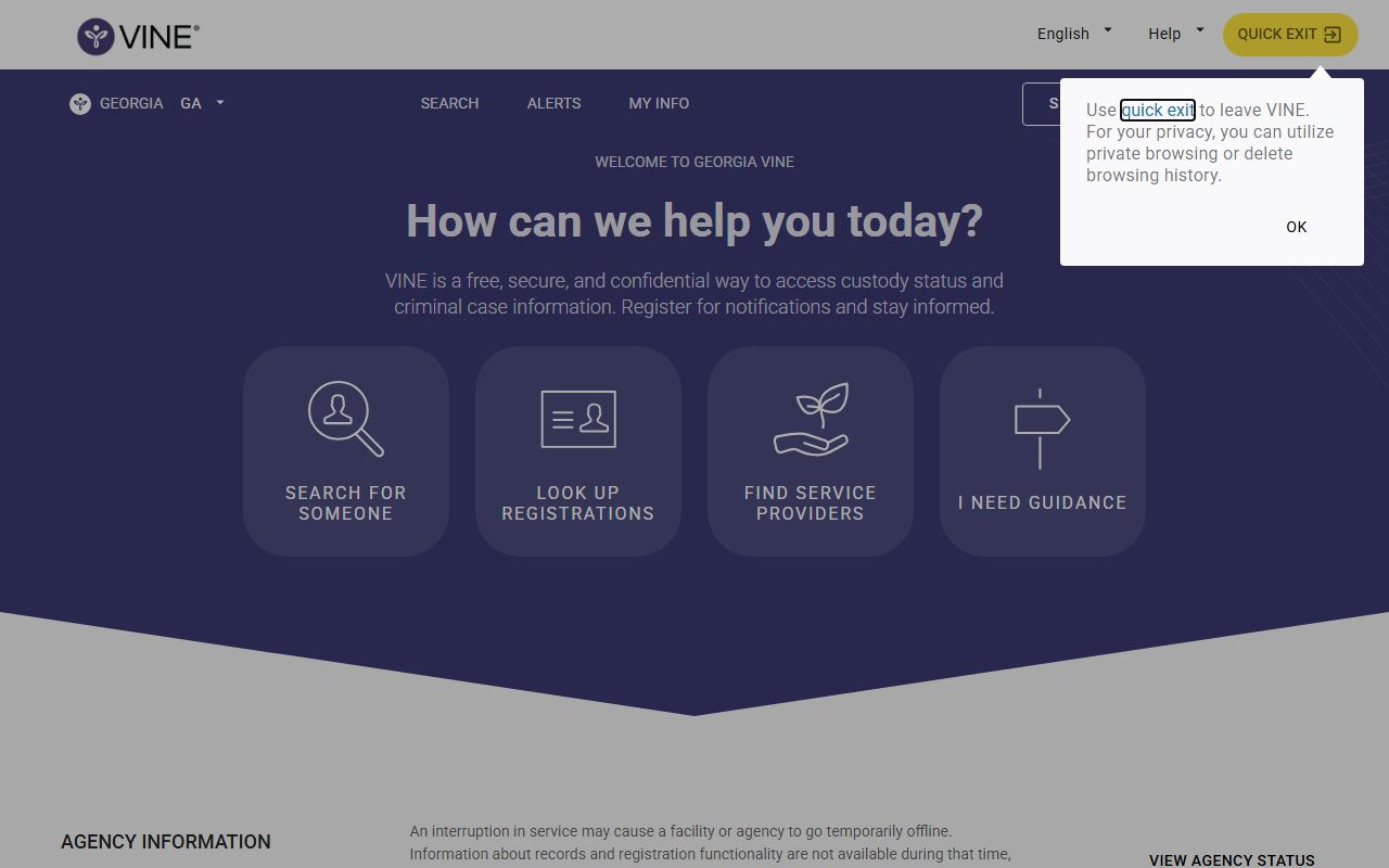 Georgia VINELink portal for inmate population custody alerts