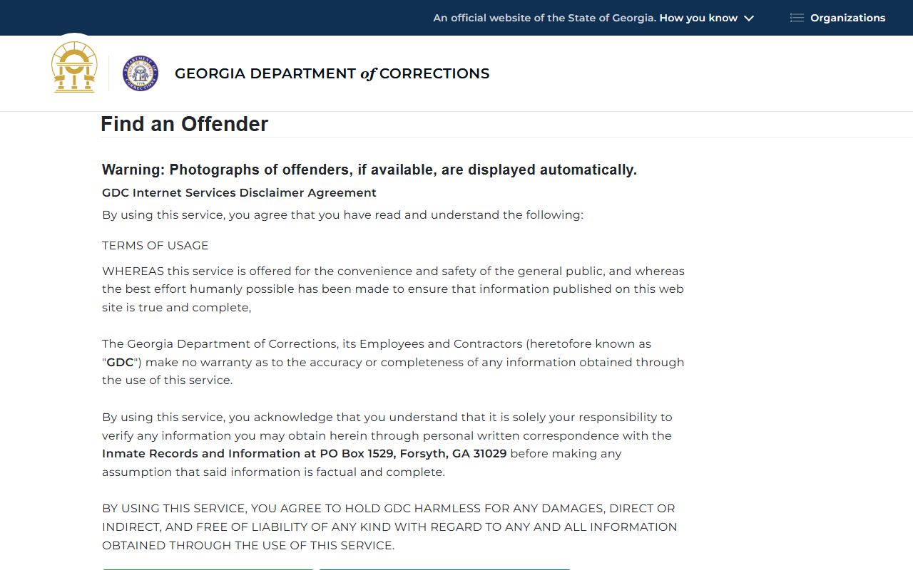 GDC direct offender query database for Georgia inmate population