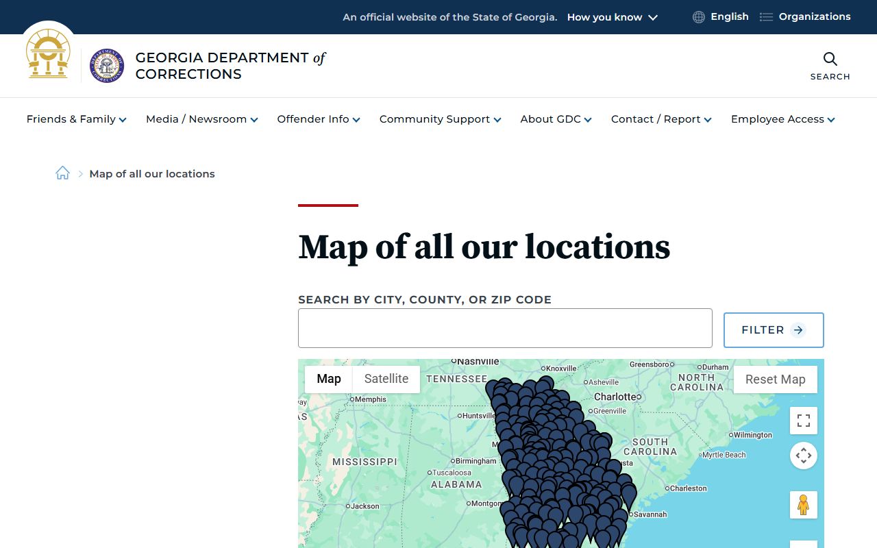GDC facility map search for Georgia inmate population locations