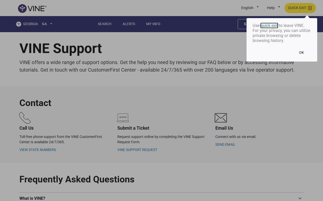 VINELink support page for Georgia inmate population notification help